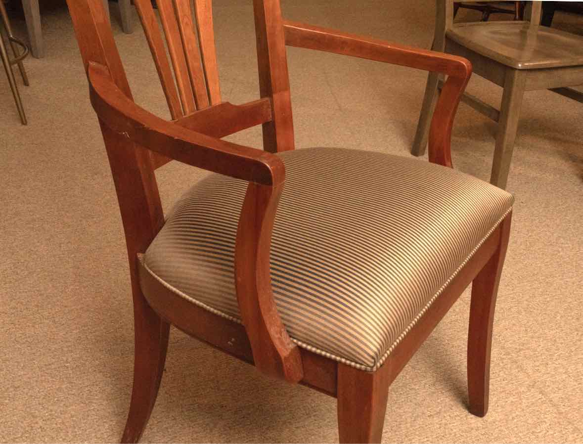 Cherry Arm Dining Chair with Taupe & Black Stripe Seat Cushion