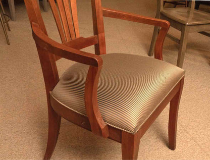 Cherry Arm Dining Chair with Taupe & Black Stripe Seat Cushion