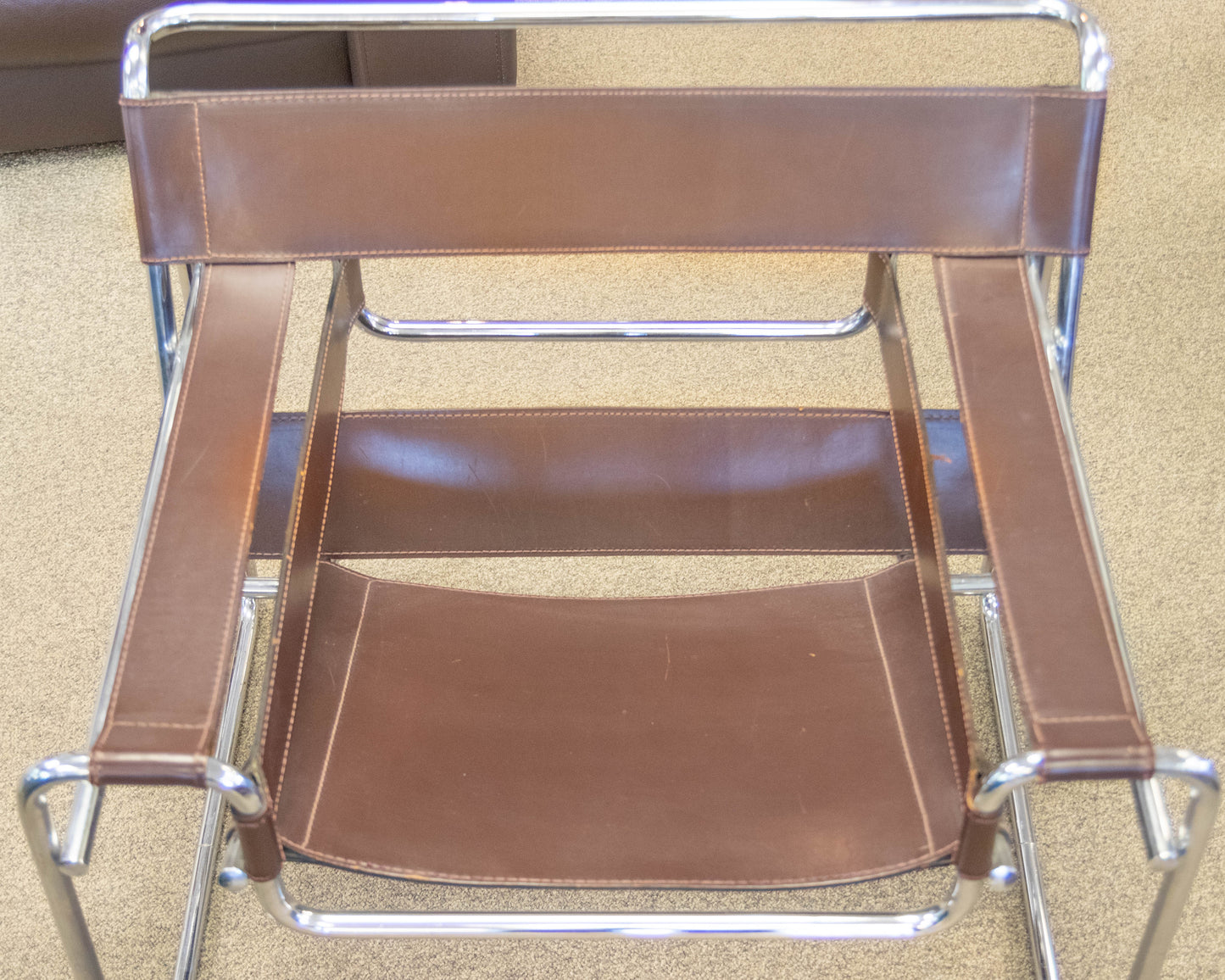 Pair Of "Wassily Style" Brown Leather Sling Back Chairs On Tubular Chrome Frame