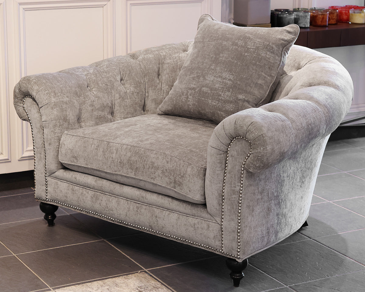 ZGallerie Tufted chair in Gray Chenille w/Silver Nailhead Trim. Espresso legs.