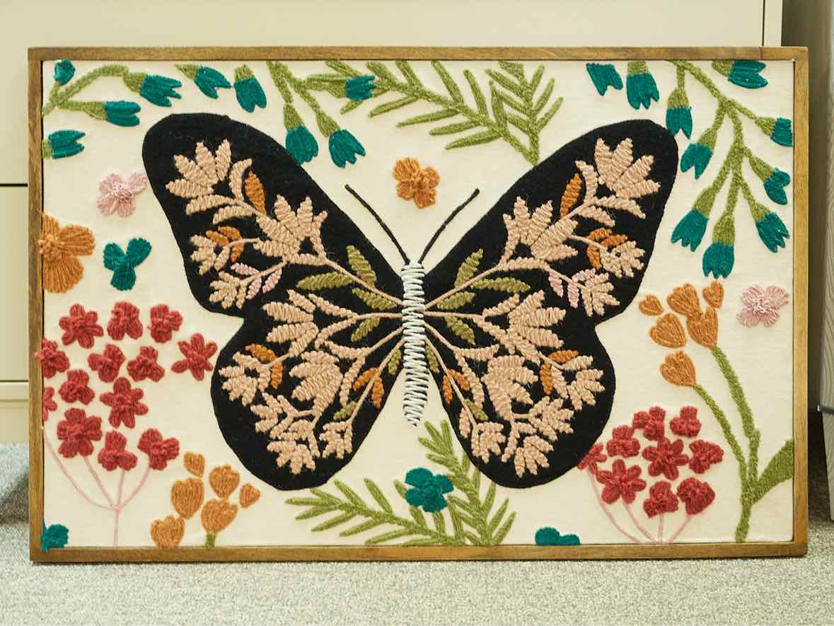 Framed Hand-Hooked Art With Butterfly and Flowers