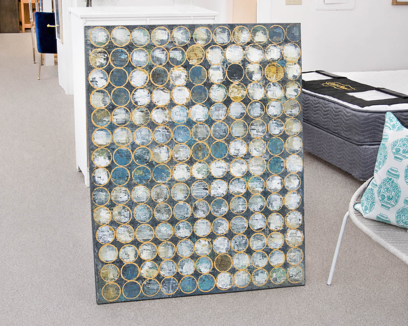Basset  Hand Painted Canvas Grid Of Blues, Grey And  Golden Undertones