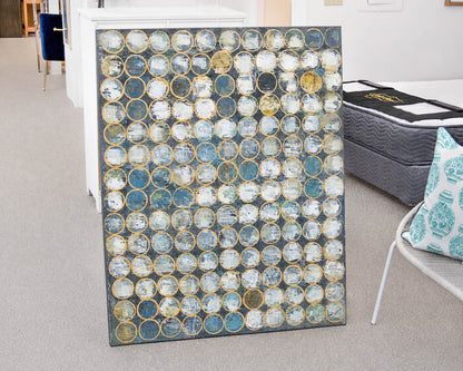Basset  Hand Painted Canvas Grid Of Blues, Grey And  Golden Undertones