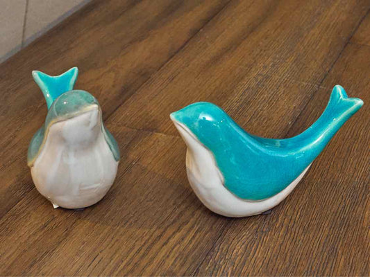 Pair Of Blue & White Ceramic 'Love Birds'