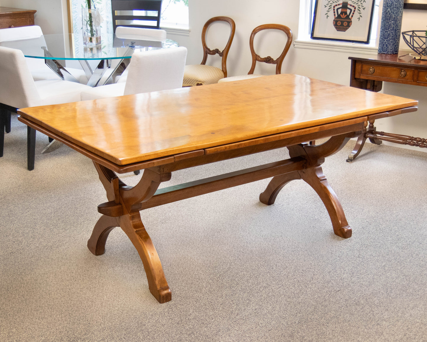 Maple Extension Dining Table With (2) Pull Out Leaves On Trestle Base