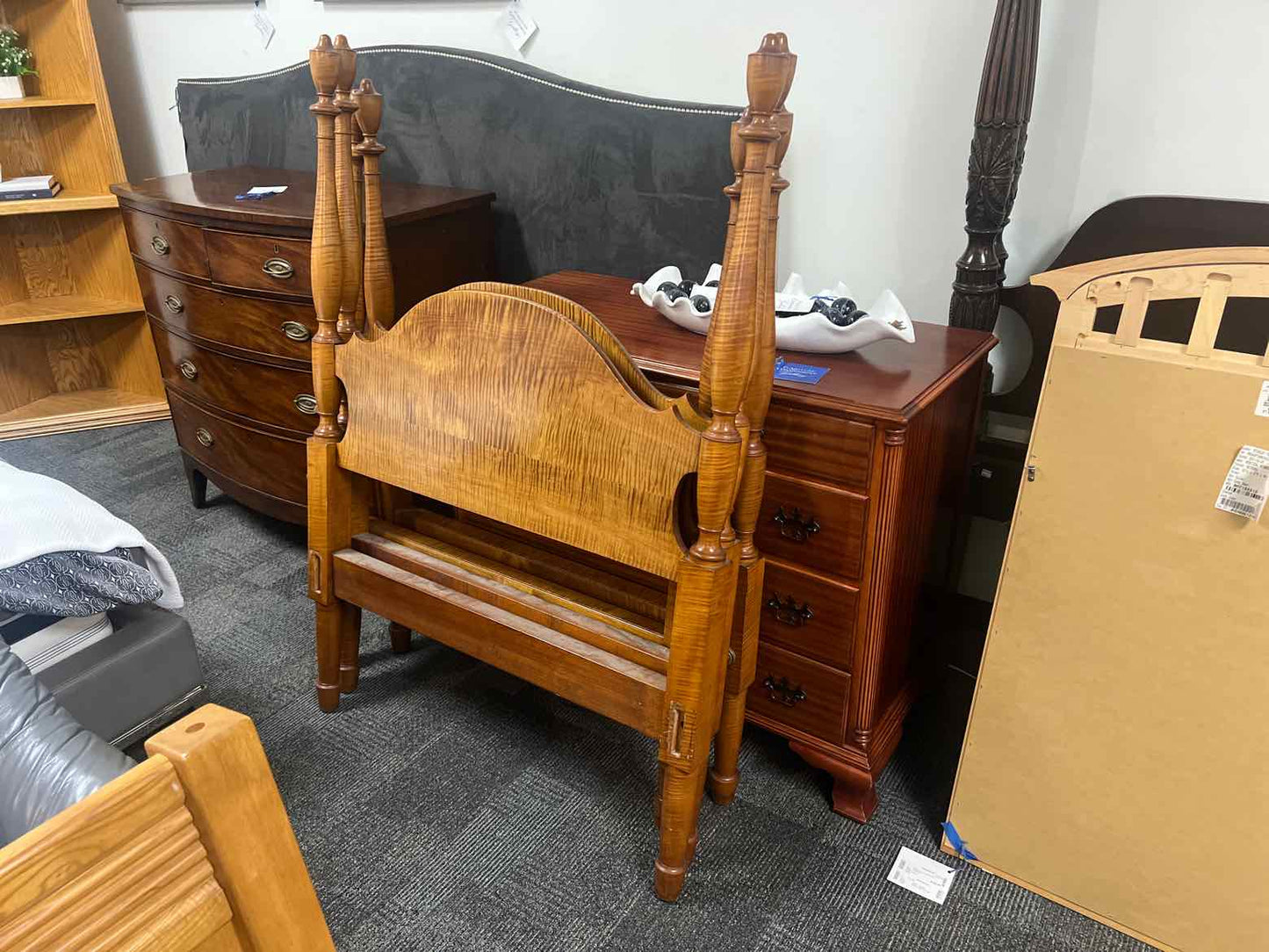 Pair of Tiger Maple Twin 4 Poster Beds