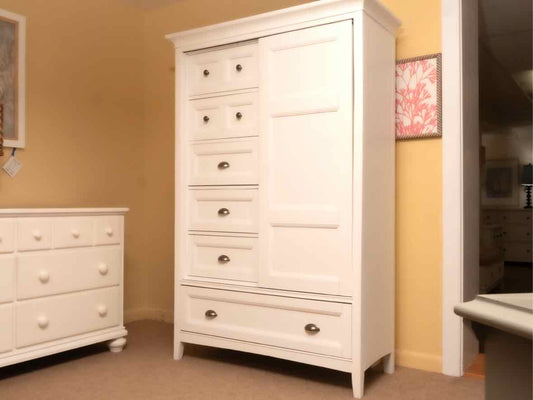 White Finish 6 Drawer , 3 Shelf, Sliding Door  Chifferobe Chest