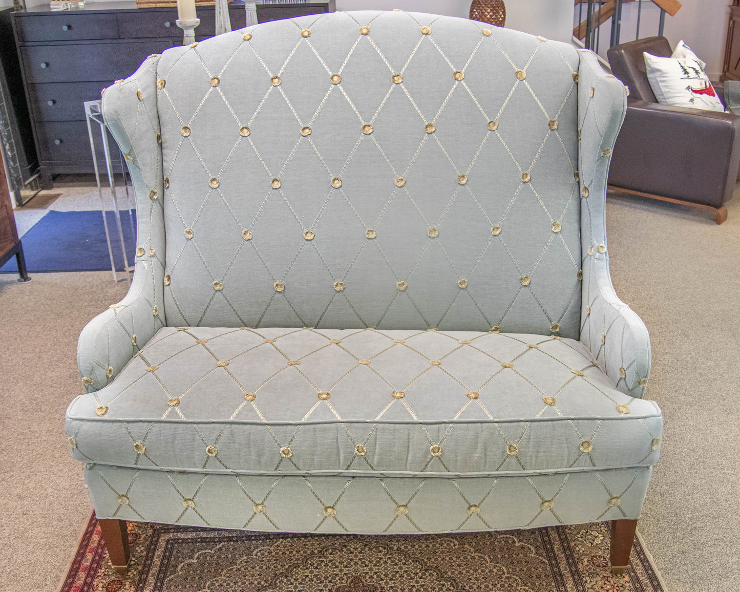 Michael Thomas Tall Wingback Settee in Pale Blue Embroidered Chenille