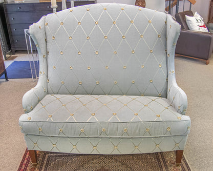 Michael Thomas Tall Wingback Settee in Pale Blue Embroidered Chenille