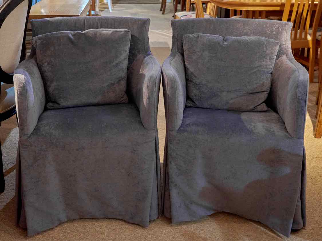 Pair Of Saladino Furniture 'Violet Blue' Slipcovered   Dining Chairs On Wheels