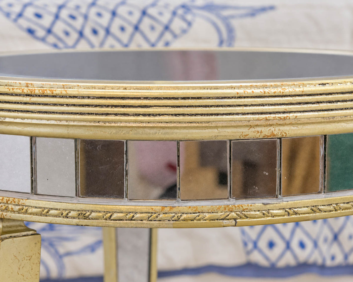Basset Round Mirrored Regency Side Table with Gold Trim