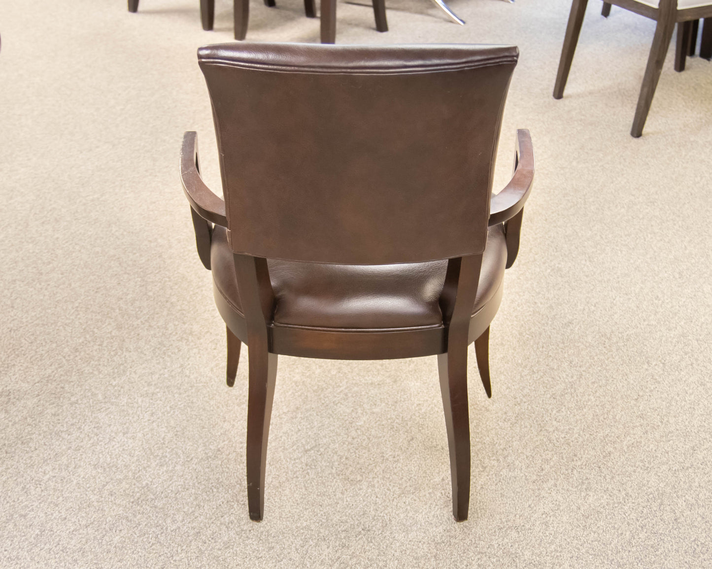 Set of 6 Ethan Allen Drew Dining Chairs in Brown Leather on Dark Finish Frame
