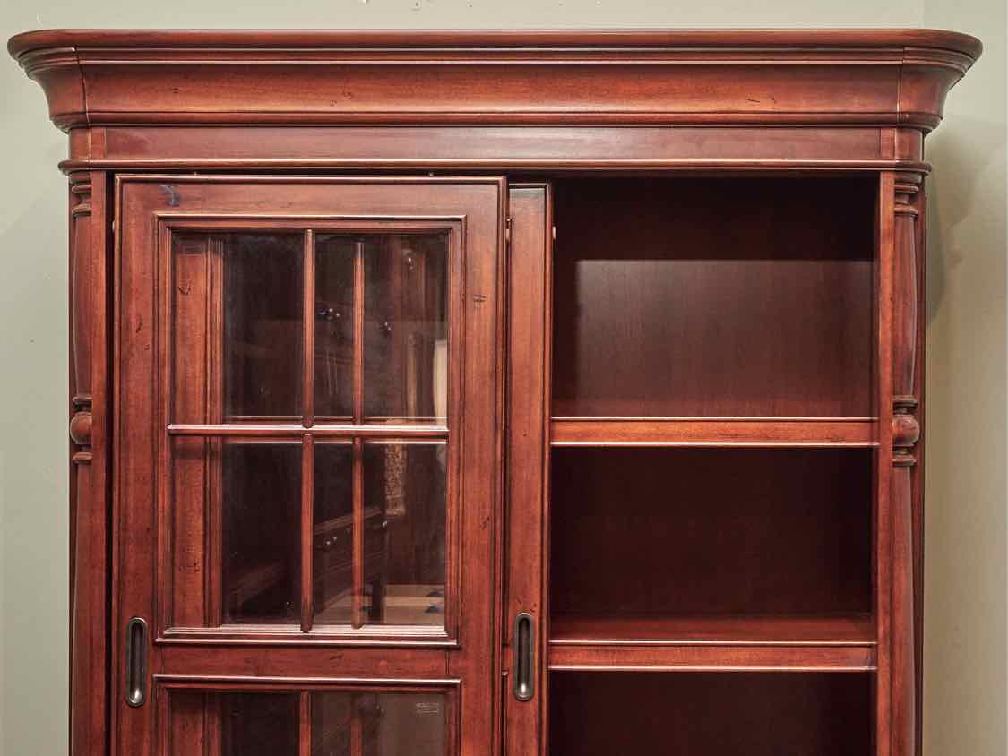 Riverside  Stained Cherry 2 Glass Sliding Doors 3 Shelf 2 Drawers Bookcase