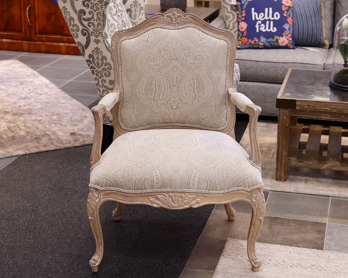 Ethan Allen French Bergere Chair in Neutral Damask with Limed Wood Finish