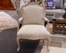 Ethan Allen French Bergere Chair in Neutral Damask with Limed Wood Finish