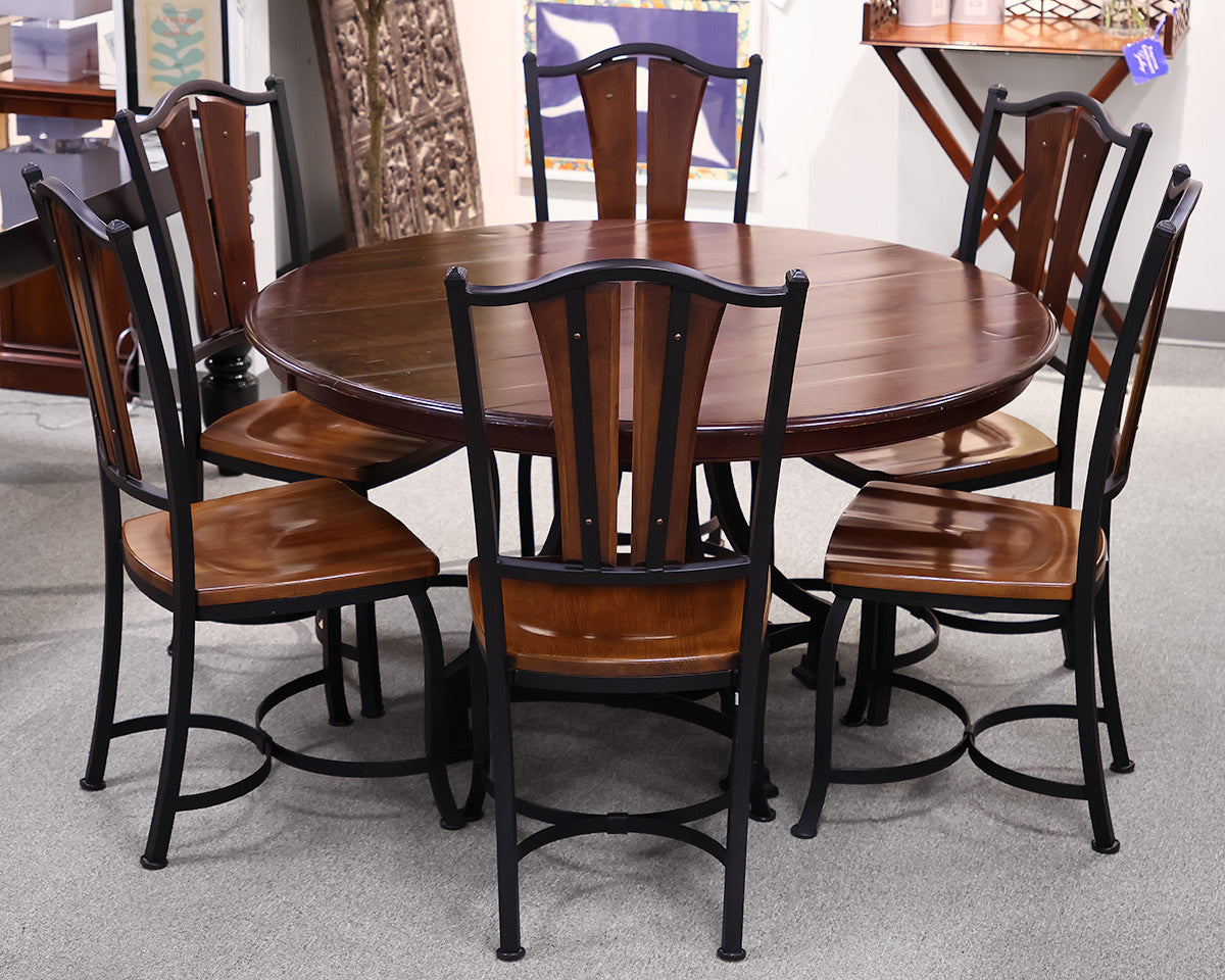 Round Mahogany Table With Metal Base and Six Chairs