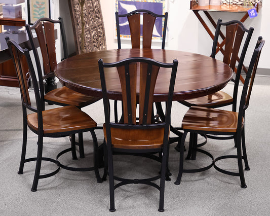 Round Mahogany Table With Metal Base and Six Chairs