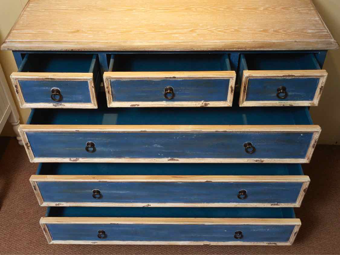 Custom Blue & Cream  Distressed Finish  6 Drawer  Dresser