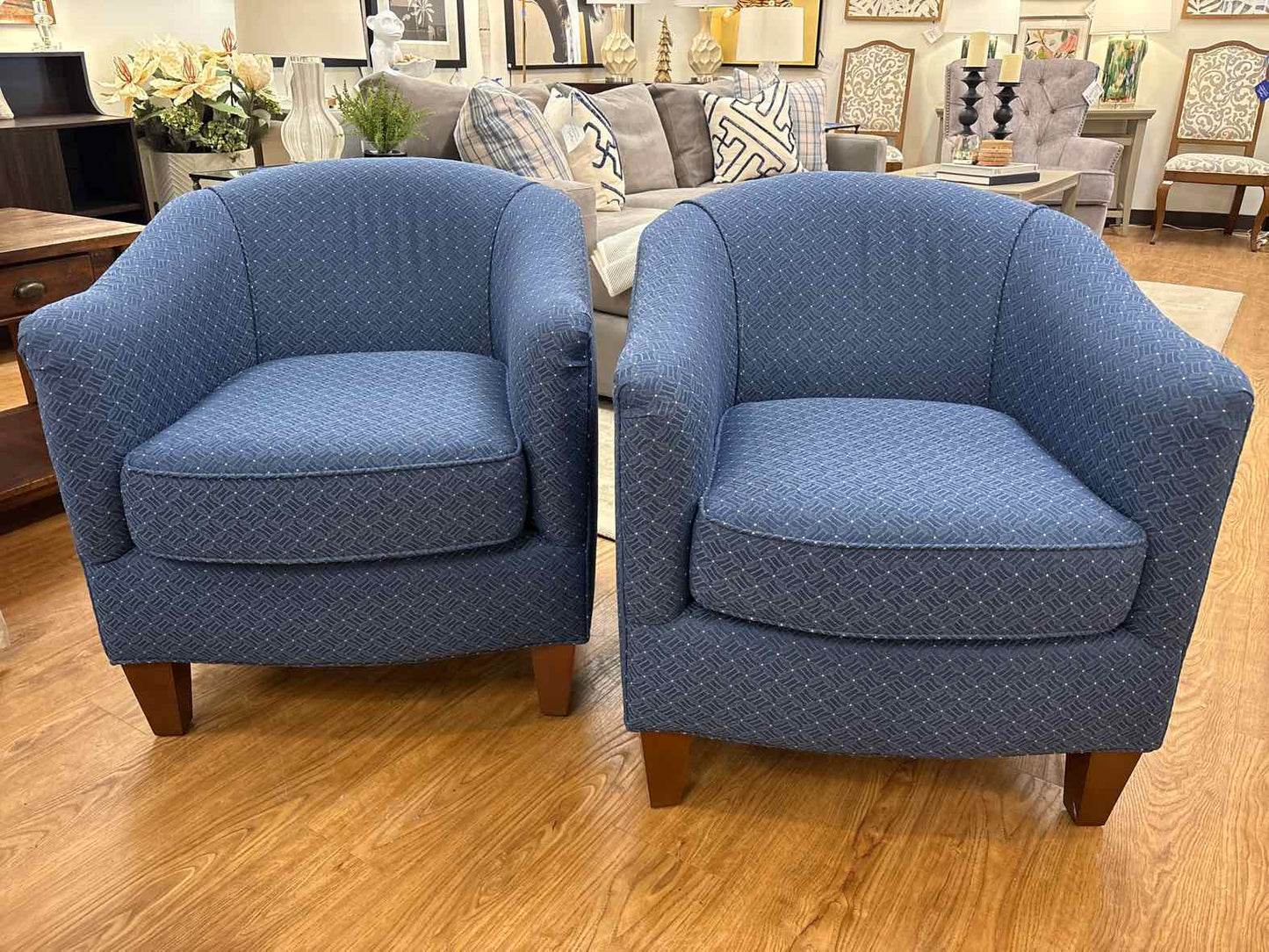 England Inc. Pair of Blue Barrel Chairs