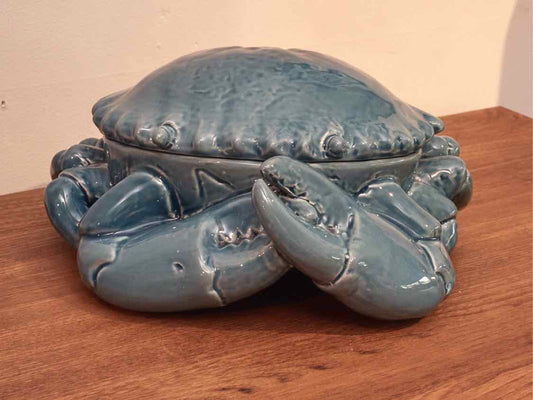 Blue Glazed Ceramic Crab Dish With Cover