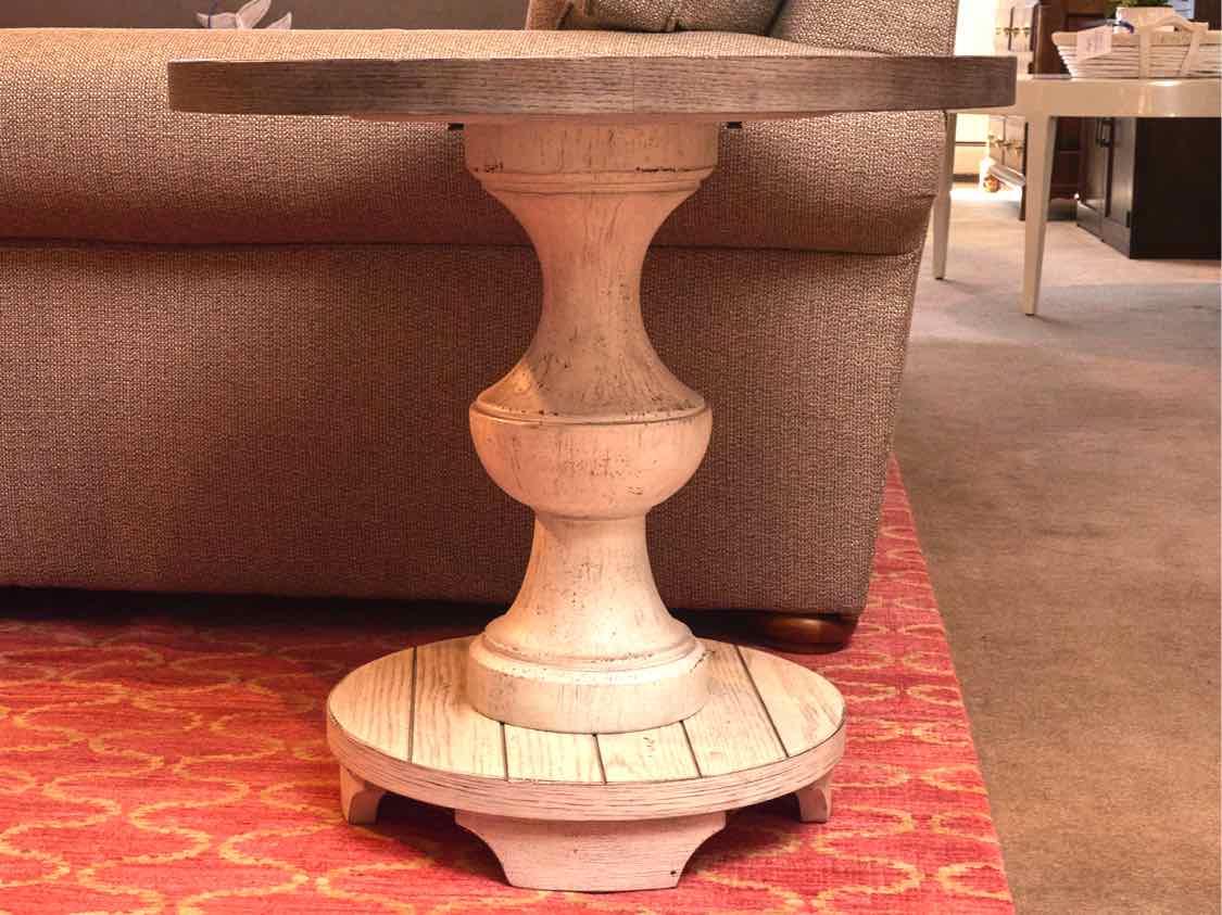 Round Driftwood Finish Plank Top Side Table with Pedestal Base