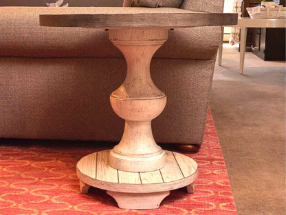 Round Driftwood Finish Plank Top Side Table with Pedestal Base