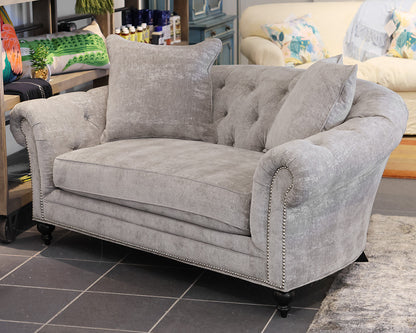 ZGallerie Tufted Sofa in Gray Chenille, Silver Nailhead Trim, Espresso Legs.