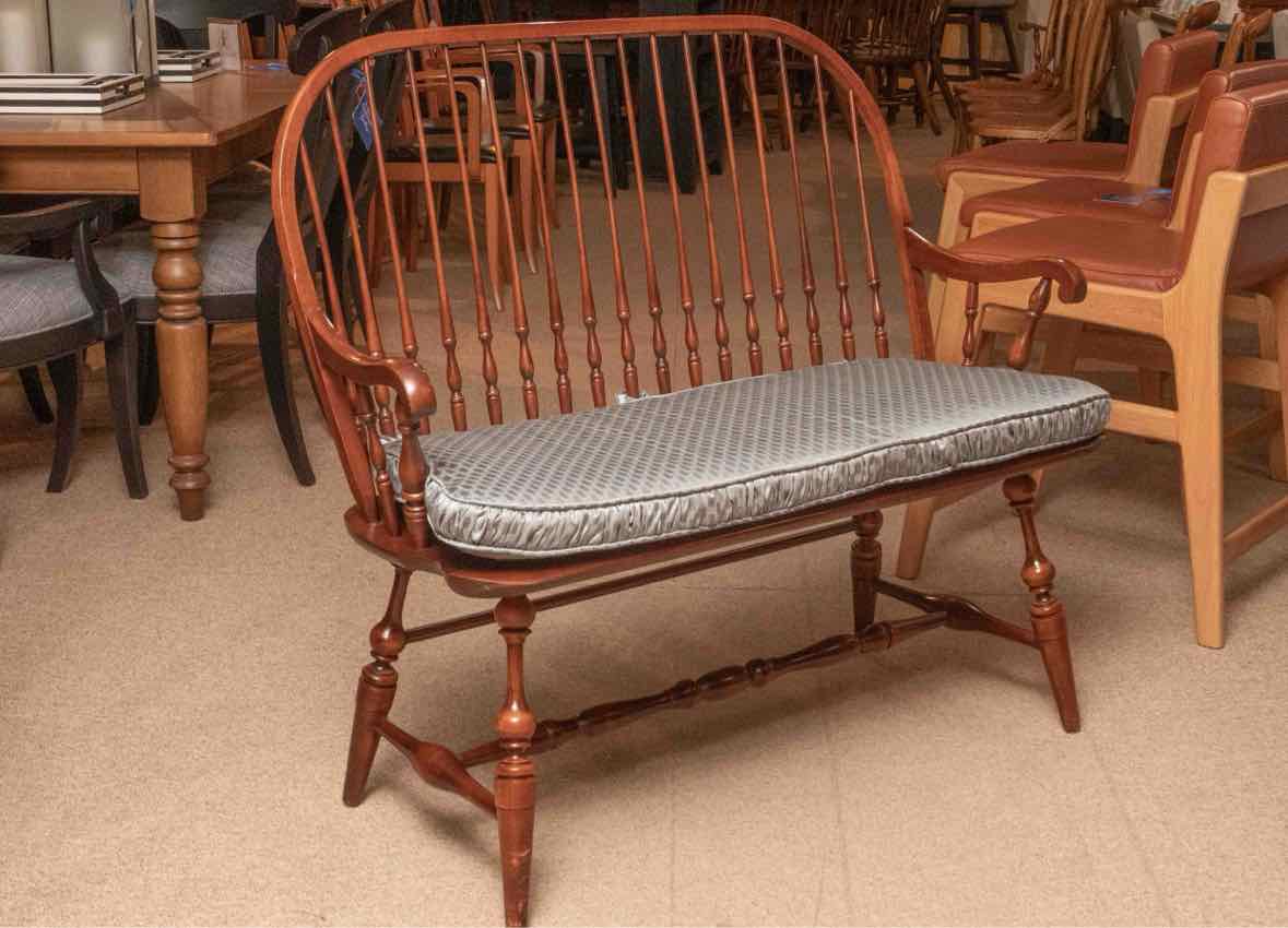 Cherry Windsor Arm Bench with Teal Seat Cushion
