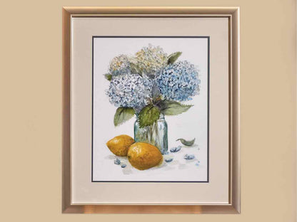 Double-Matted Print in Silver Frame "Hydrandea Lemons I"