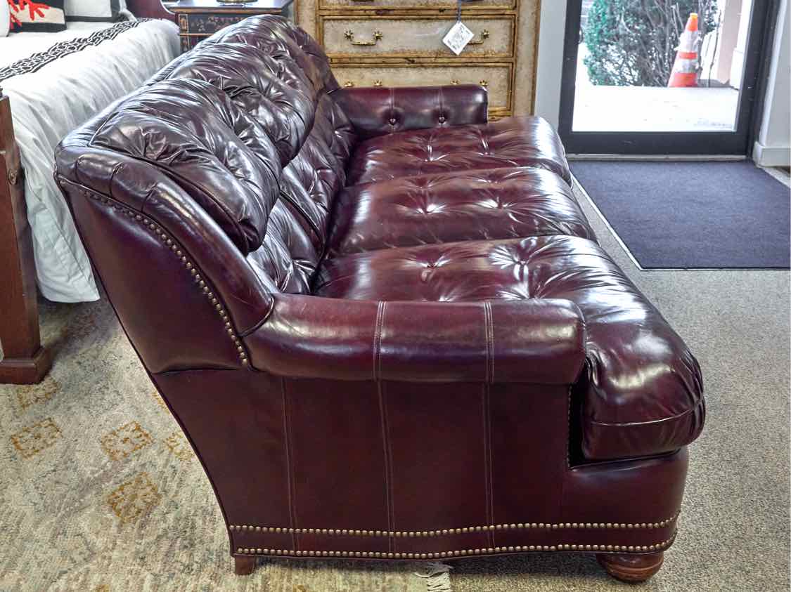 Distinction Oxblood Red Leather Tufted 3 Cushion Sofa with Nailhead Trim