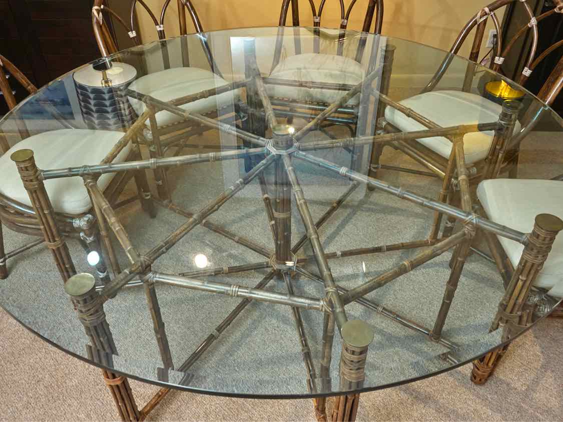 McGuire Glass Top Rattan Bamboo  Table &  8 Chair Set