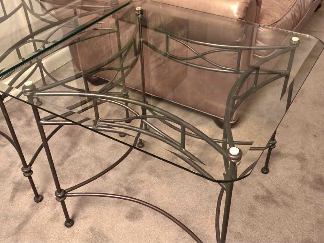 Set Of Glass Top Black Metal Base Cocktail Table & Pair Of Side Tables