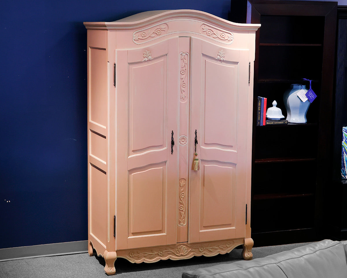 Hand Carved Pink Painted Armoire