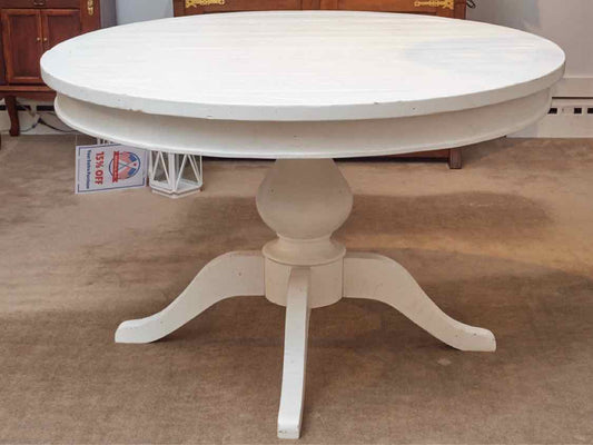 Universal Furniture Round Pedestal  Plank Top Dining Table  In Distressed White