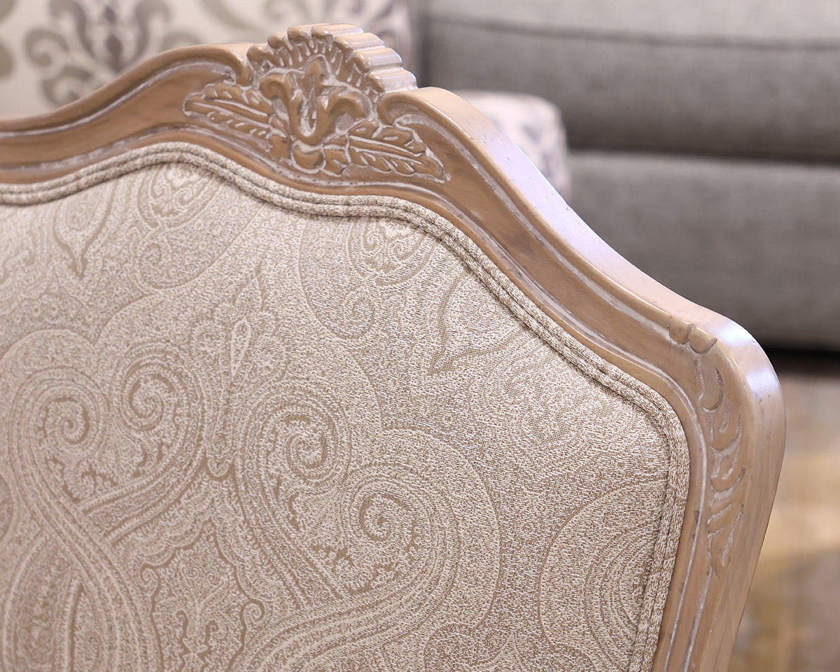 Ethan Allen French Bergere Chair in Neutral Damask with Limed Wood Finish