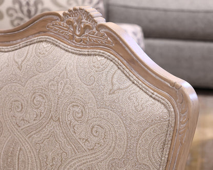 Ethan Allen French Bergere Chair in Neutral Damask with Limed Wood Finish
