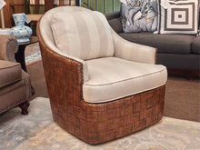 Pair Of Tommy Bahama 'Nagano '' Rattan & Stripe Upholstered Swivel Chairs