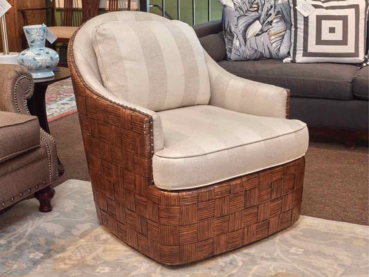 Pair Of Tommy Bahama 'Nagano '' Rattan & Stripe Upholstered Swivel Chairs