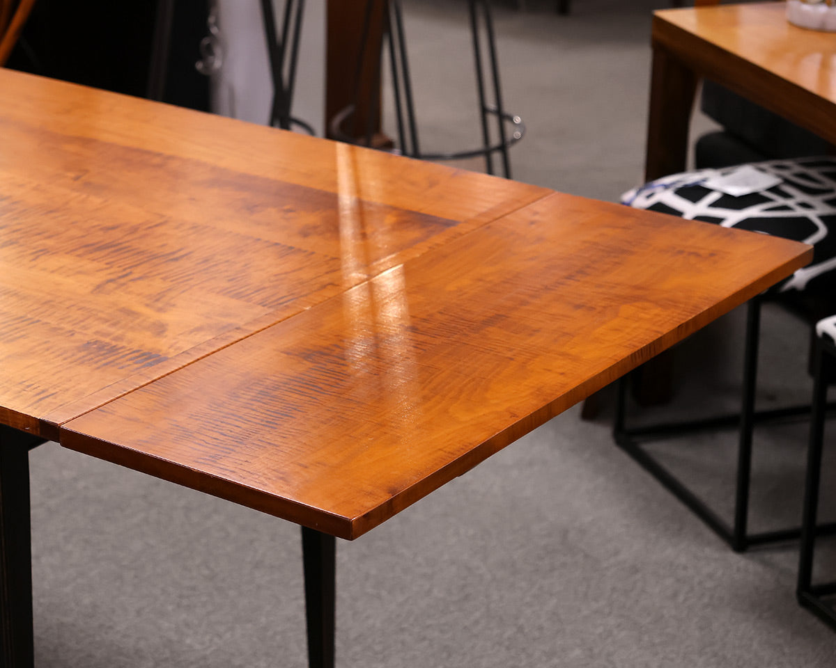 DR Dimes Extending Farm Table with Tiger Maple Top on Black Crackle Finish Base