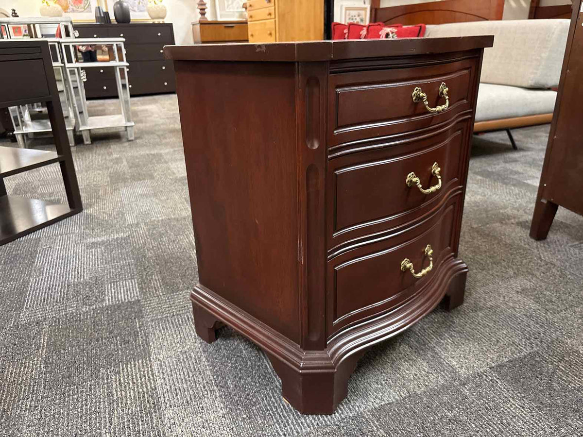 Pair of Mahogany Serpentine 3 Drawer Nightstands with Ornate Handles