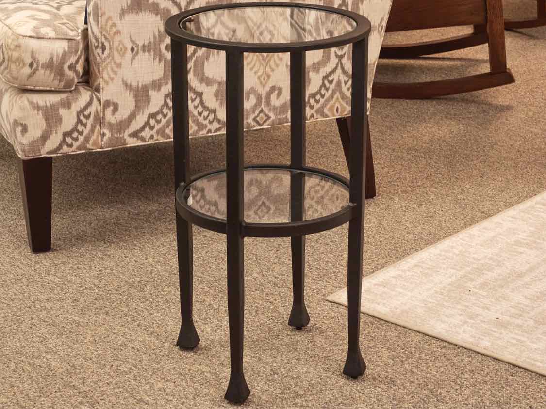 Pottery Barn Round Glass Top Drink Table on Black Iron Frame