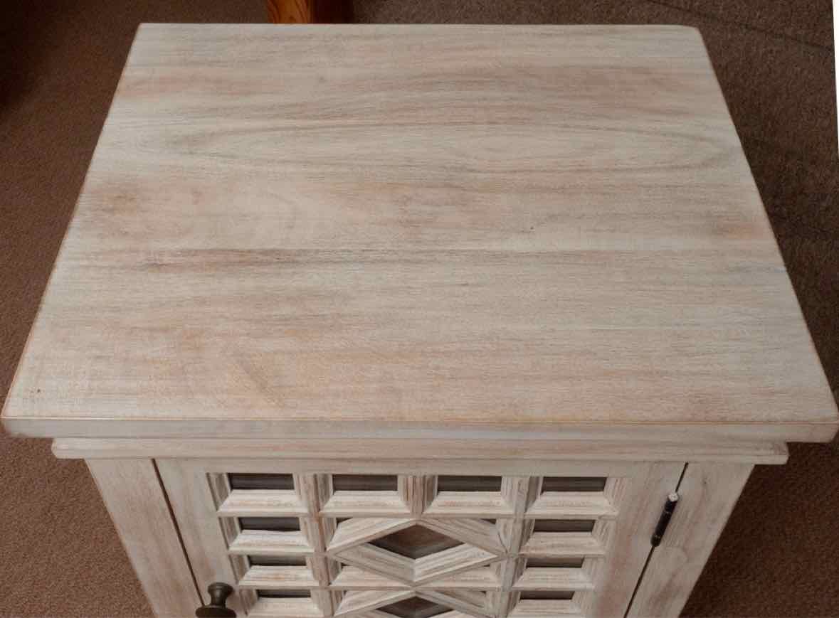 Pair of Pottery Barn Whitewashed Lattice Front Glass Door Nightstands