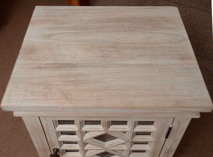 Pair of Pottery Barn Whitewashed Lattice Front Glass Door Nightstands