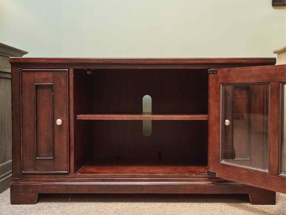 Cherry Stain Media Furniture with Glass Door & 2 Wood Doors