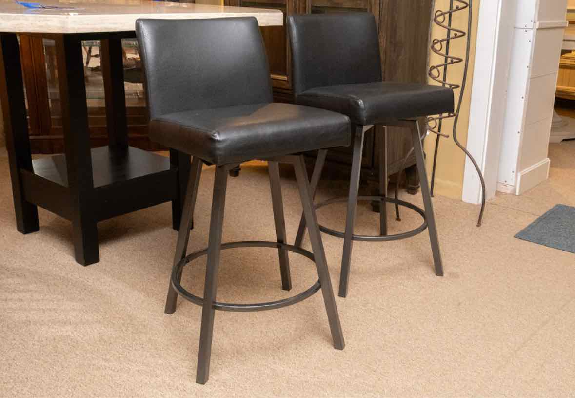 Pair of Black Bonded Leather Swivel Counter Stools