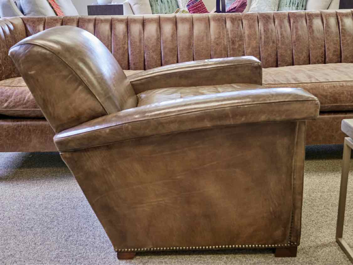 Pair of RH 'Ambrose' Leather Chairs with Brushed Brass Nailhead
