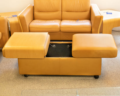 Ekornes Lift Top Storage Ottoman in Camel Leather W/ Maple Tray Tops