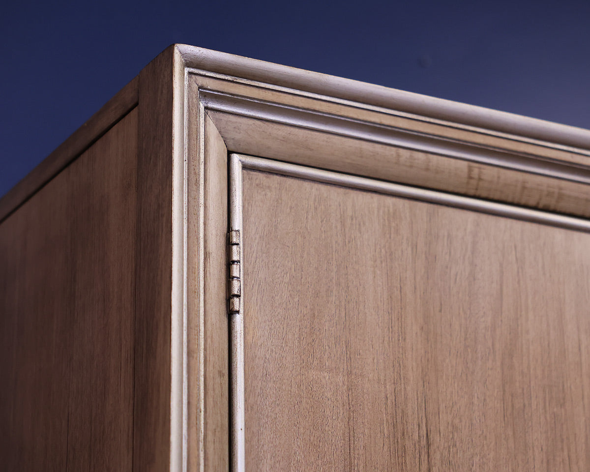 Hickory White Custom Tall Cabinet in Drifted Wood with Silver Trim