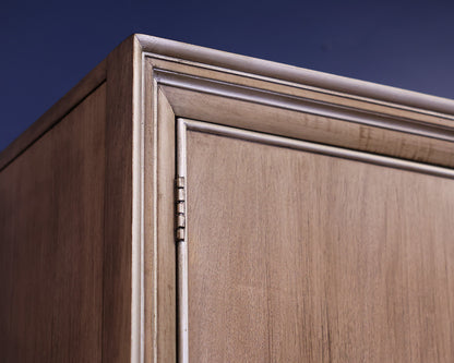 Hickory White Custom Tall Cabinet in Drifted Wood with Silver Trim