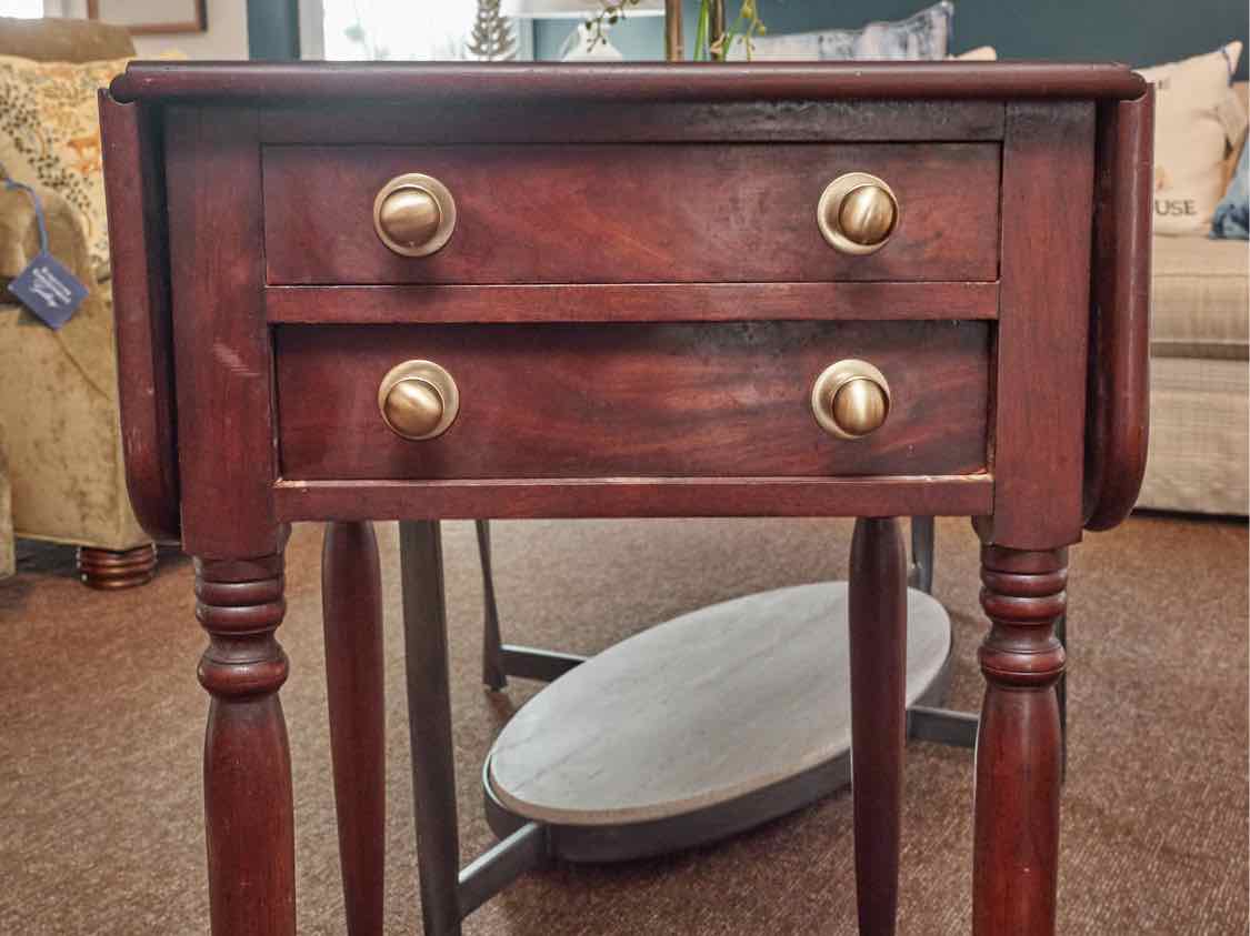 Mahogany 2 Drawer Turned Legs On Casters Drop Leaf Side Table